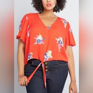 Modcloth Orange Red Floral Cropped Blouse